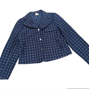 VTG Harve Bernard Quilted Navy Blue White Checkered Short Fit Blazer 10/M Silver